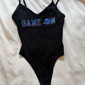 PINK Victoria's Secret Black Bodysuit with Blue 'Game On' Design